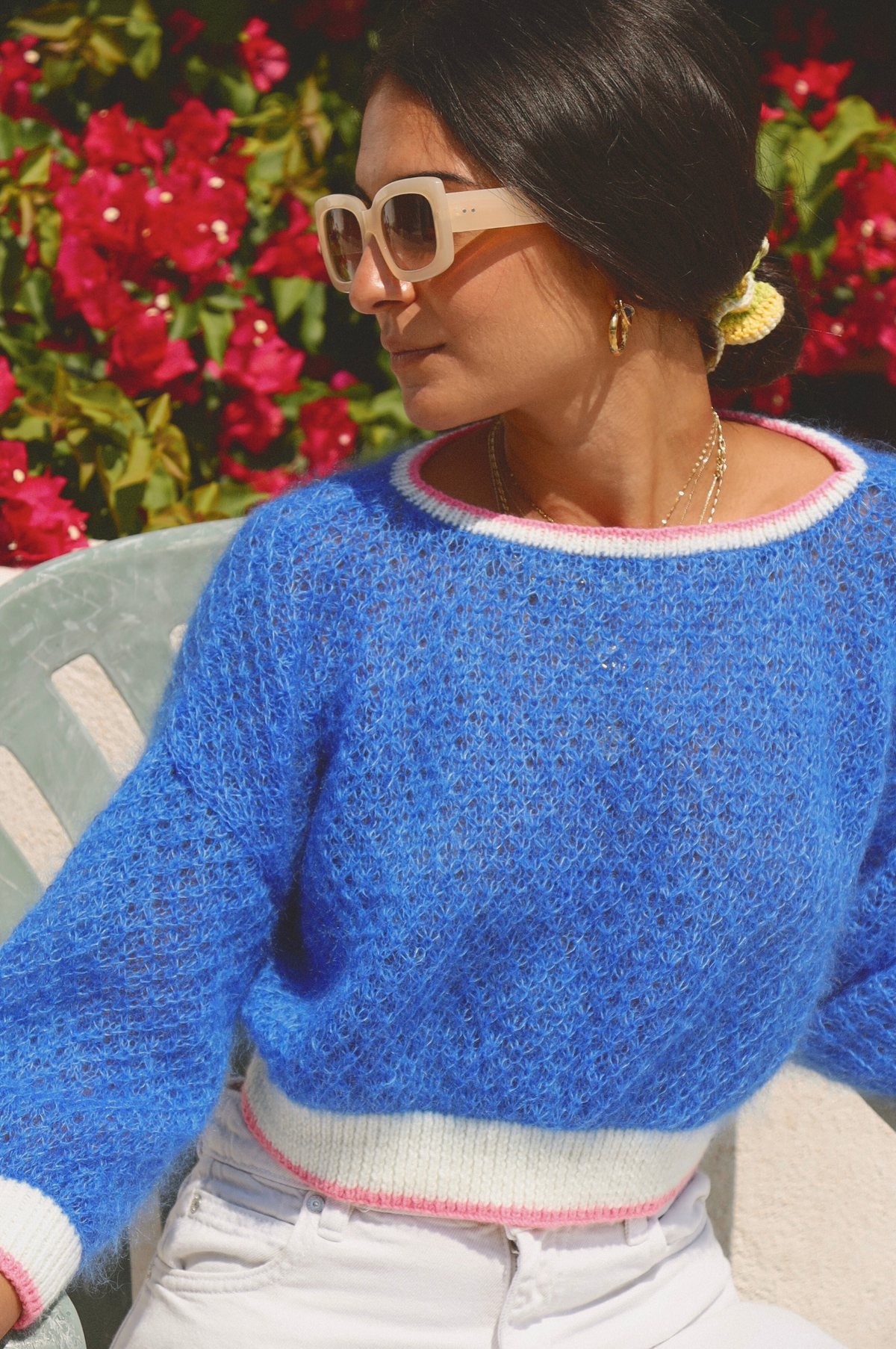 Pull Tricoté Main Ricarda-S - Microfibre XL Jaune Et Bleu, Vintage Unique