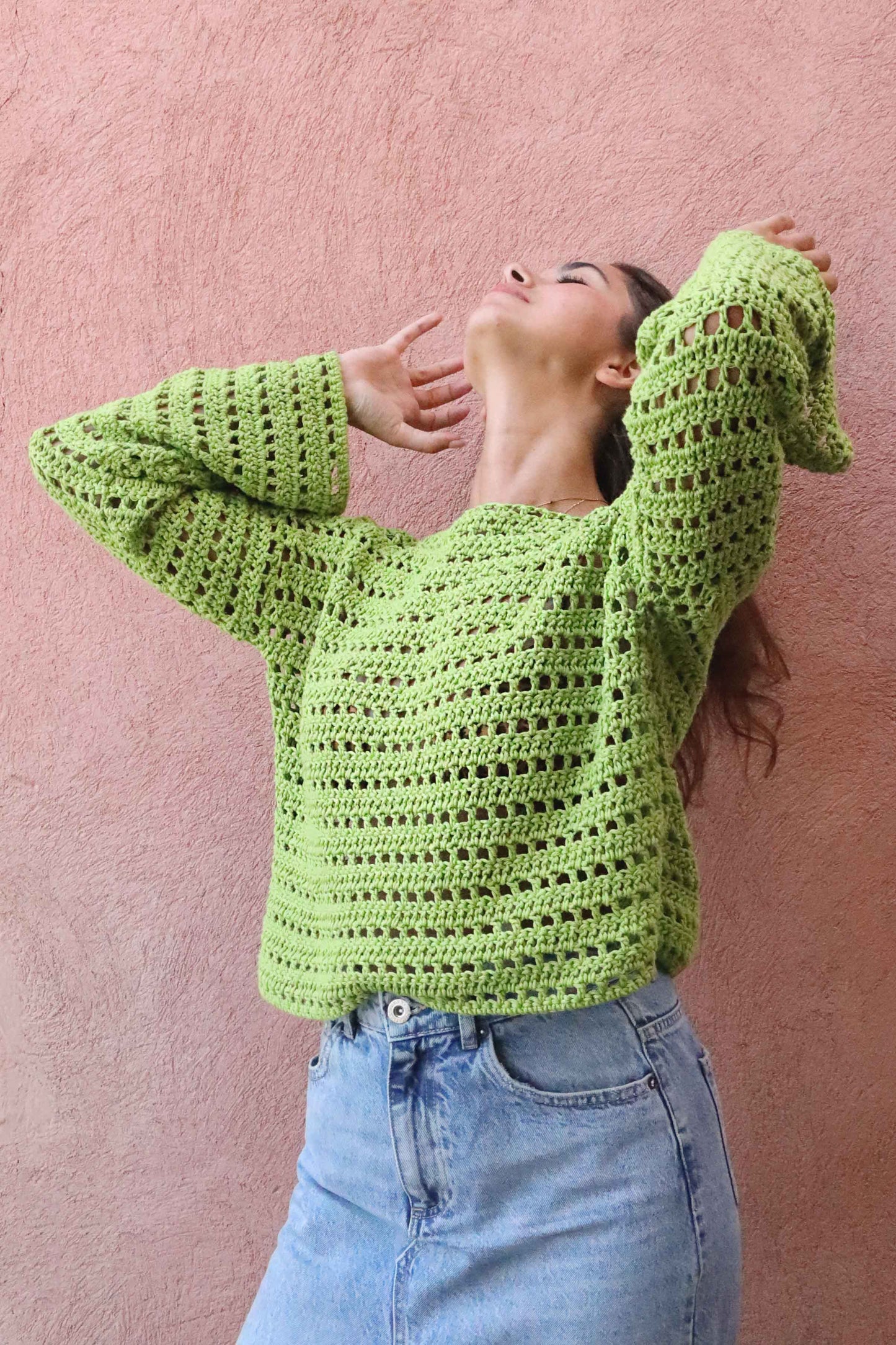 Pull Brigitte crochet - vert lemon