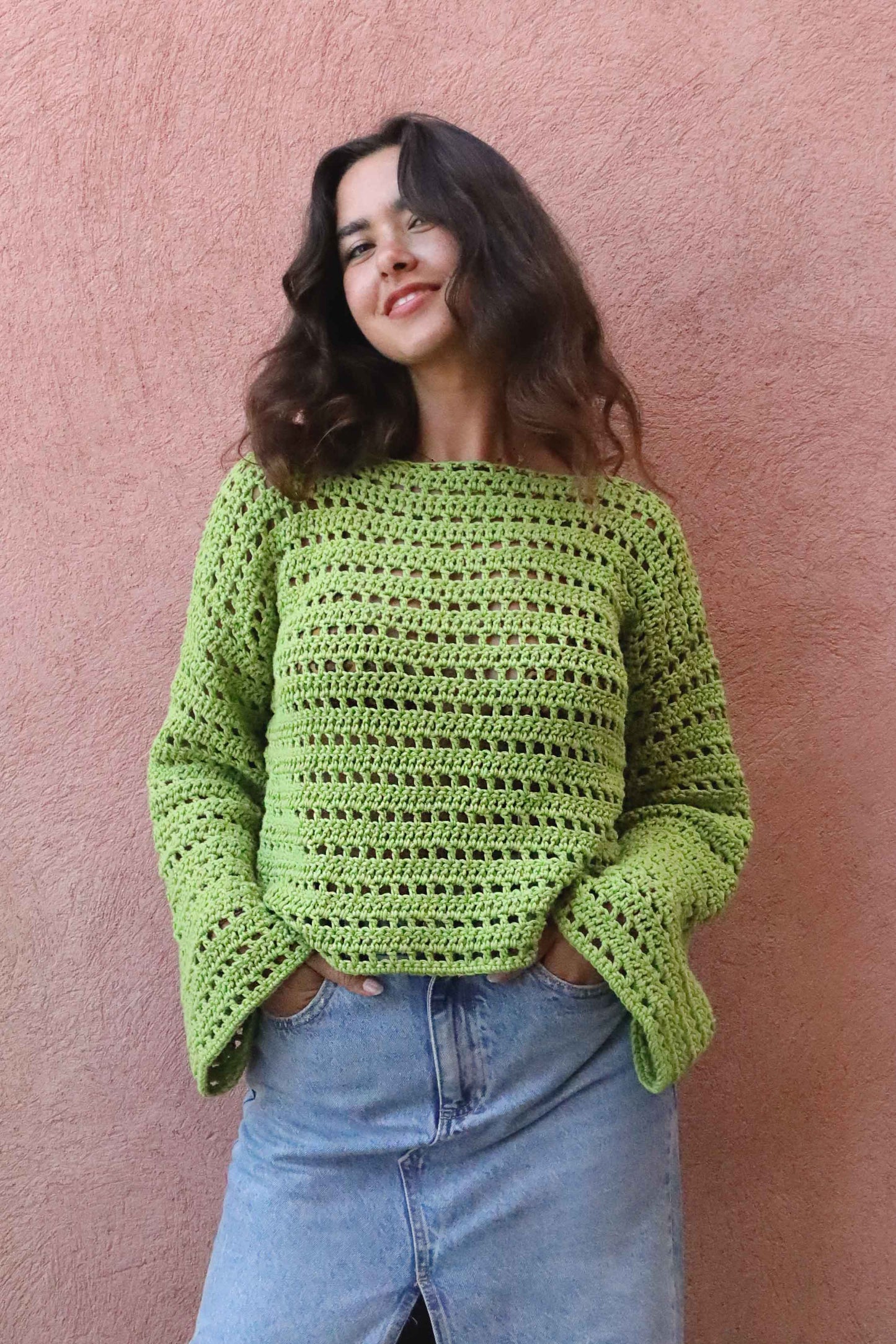 Pull Brigitte crochet - vert lemon