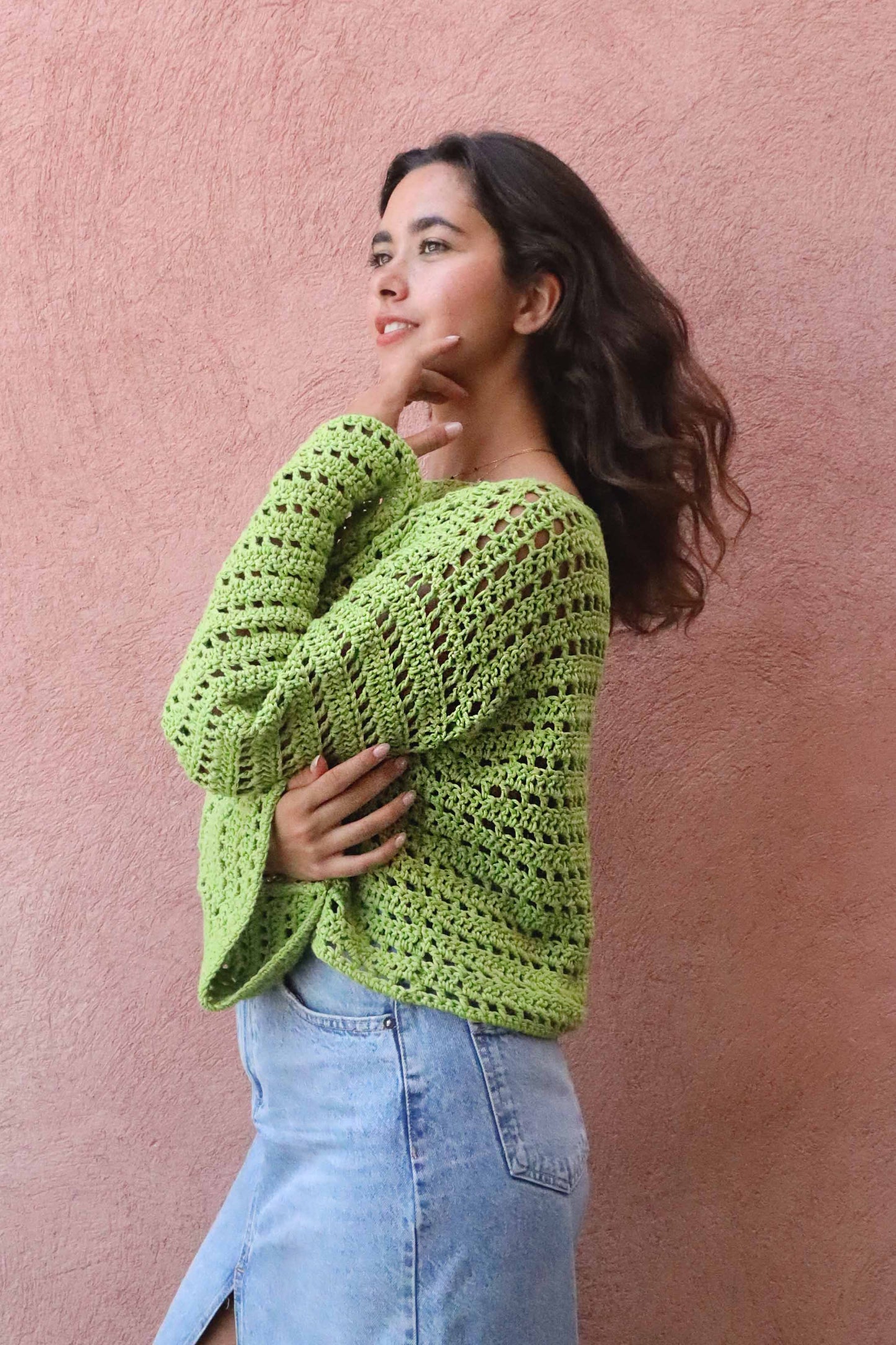 Pull Brigitte crochet - vert lemon