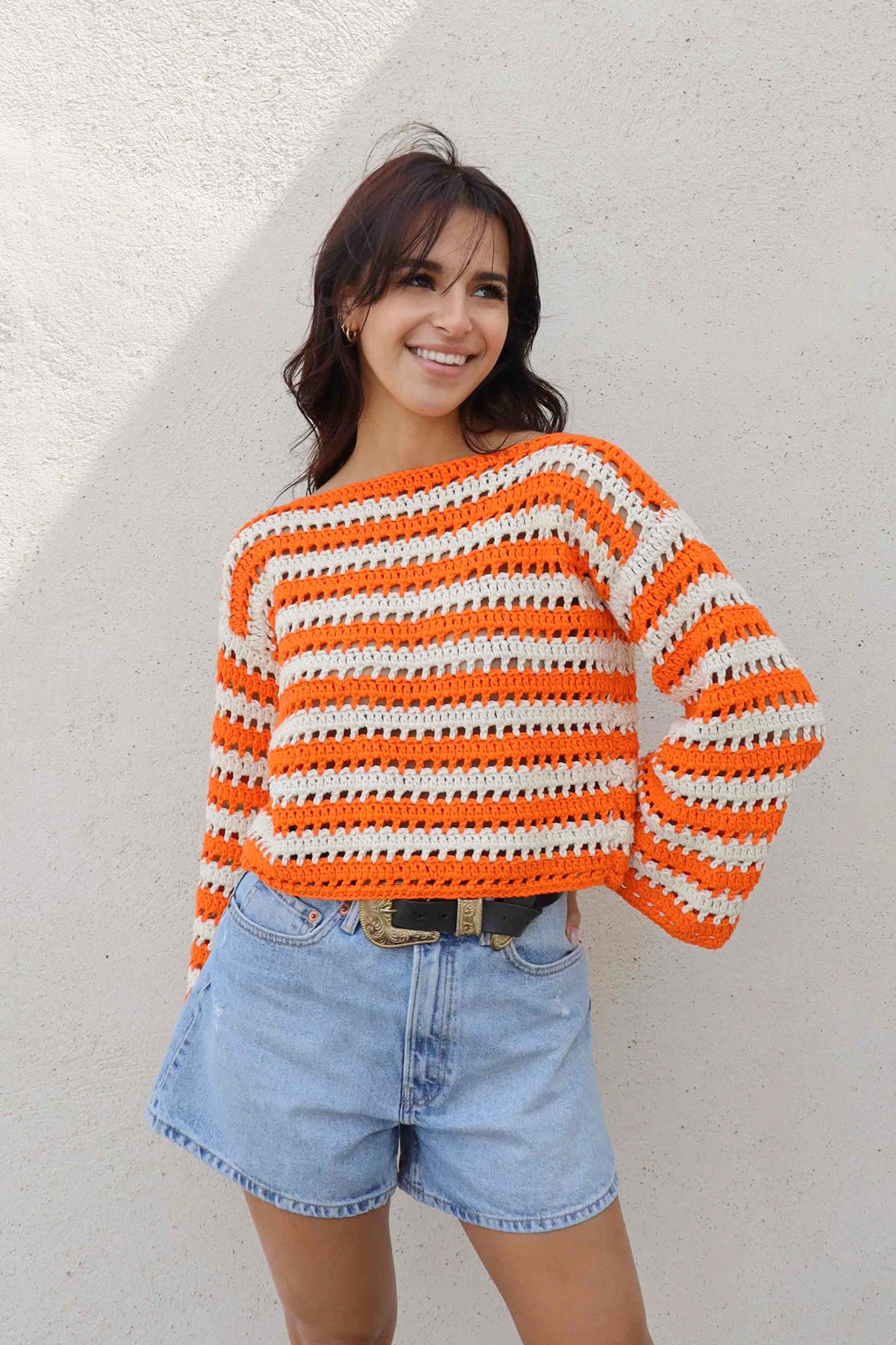 Pull Brigitte crochet - rayures orange