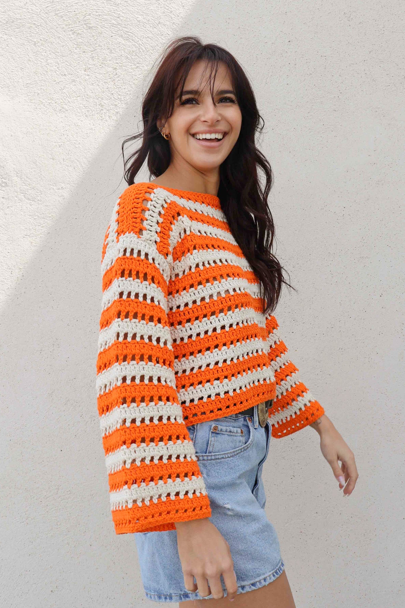 Pull Brigitte crochet rayures orange