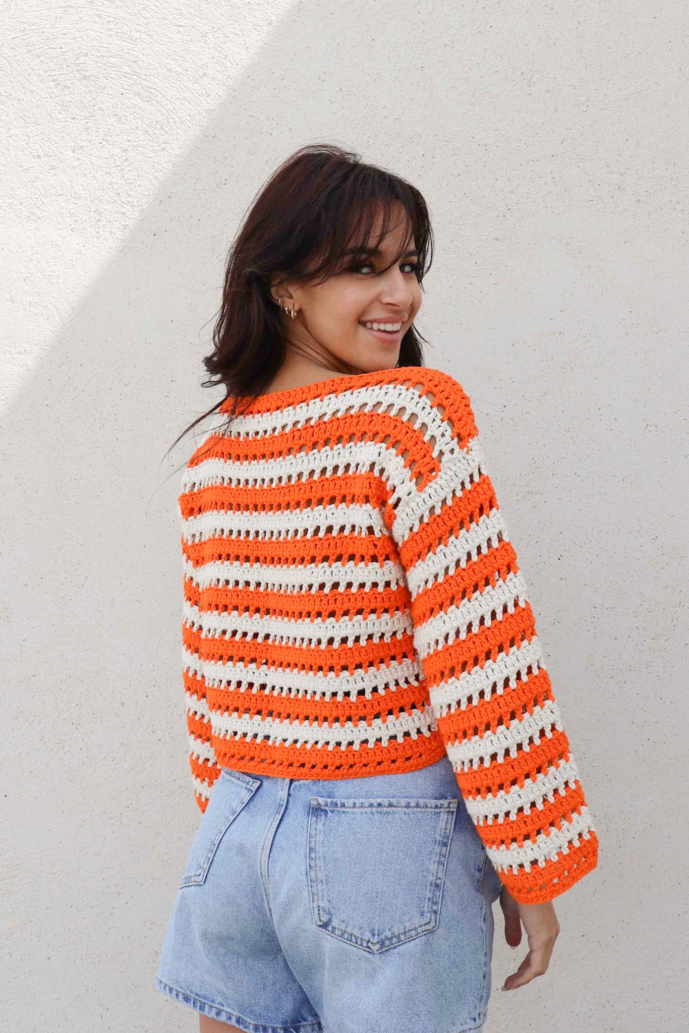 Pull Brigitte crochet rayures orange