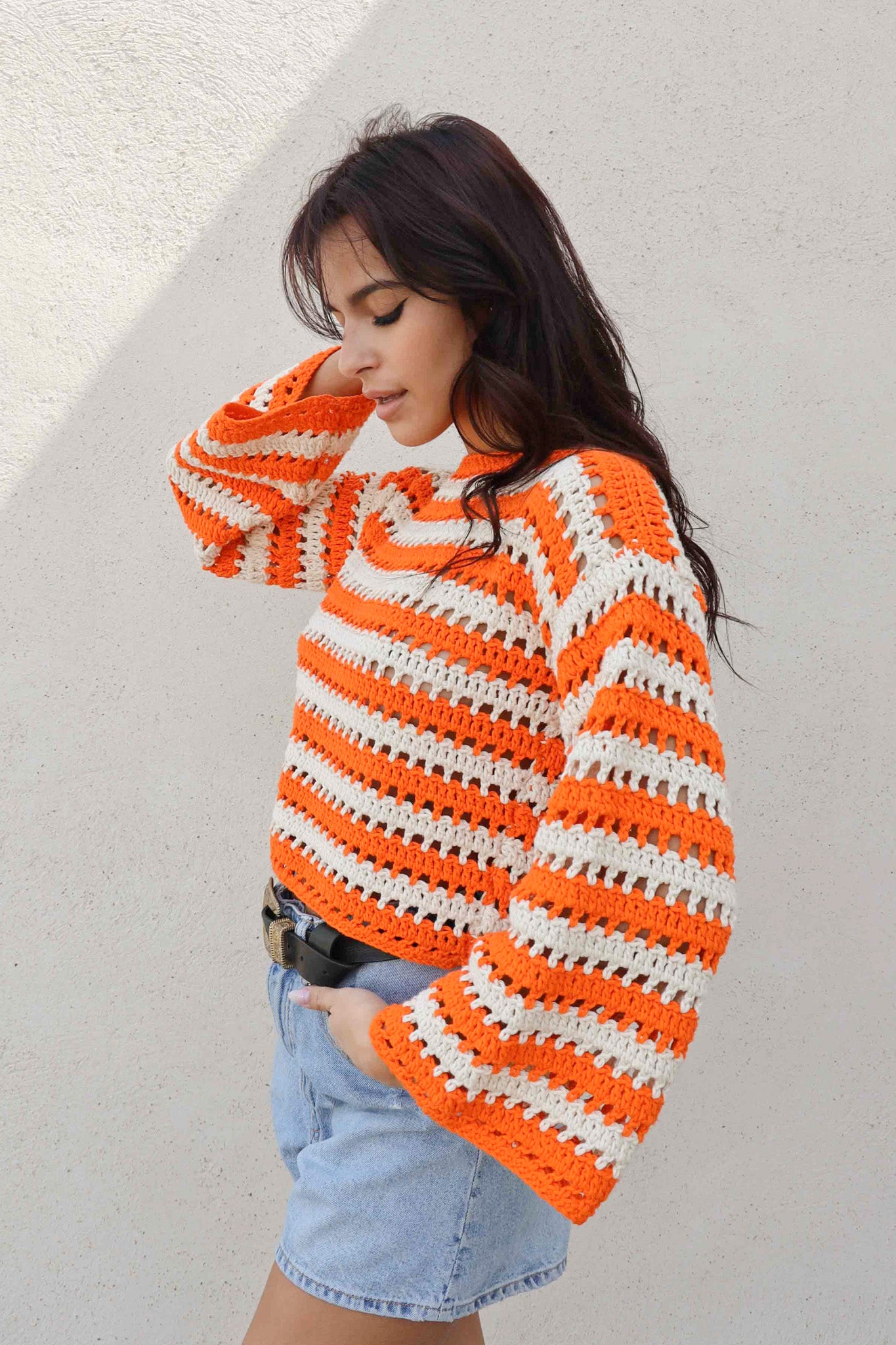 Pull Brigitte crochet rayures orange