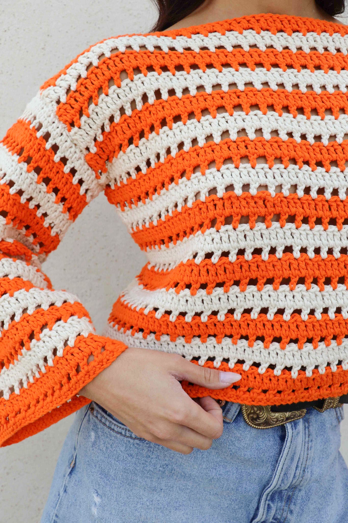 Pull Brigitte crochet rayures orange